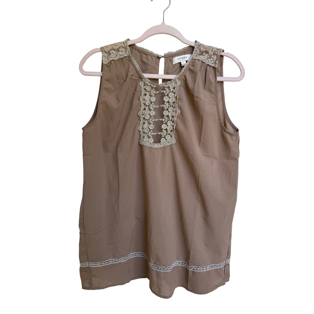 Umgee USA Taupe Brown Floral Lace Crochet Sleeveless Blouse‎ Top Size Large